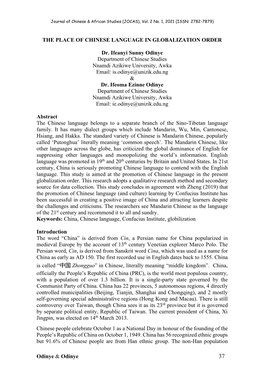 Odinye & Odinye the PLACE of CHINESE LANGUAGE in GLOBALIZATION ORDER Dr. Ifeanyi Sunny Odinye Department of Chinese Studies