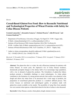 Cereal-Based Gluten-Free Food: How to Reconcile Nutritional and Technological Properties of Wheat Proteins with Safety for Celiac Disease Patients