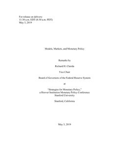 Speech by Vice Chair Clarida on Models, Markets, and Monetary Policy