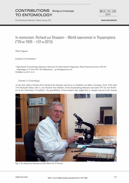 Richard Zur Strassen - World Taxonomist in Thysanoptera (*20-Xi-1926 - F 31-X-2013)