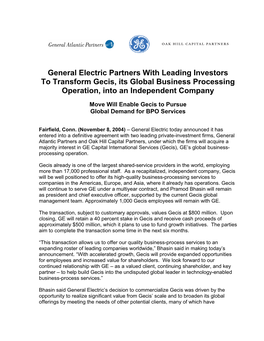 General Electric Partners with Leading Investors to Transform Gecis, Its Global Business Processing Operation, Into an Independent Company