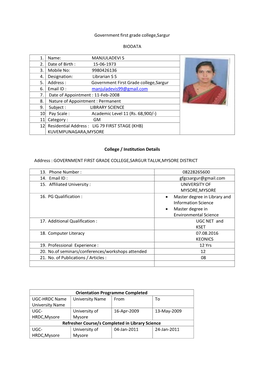 Government First Grade College,Sargur BIODATA 1. Name: MANJULADEVI S 2. Date of Birth : 15-06-1973 3. Mobile No