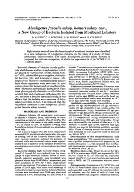 Alcaligenes Faecalis Subsp. Homari Subsp. Nov., a New Group of Bacteria Isolated from Moribund Lobsters