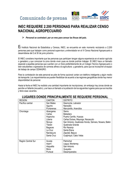 Inec Requiere 2.200 Personas Para Realizar Censo Nacional Agropecuario