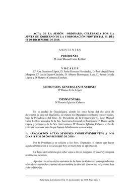 Acta De La Sesión Ordinaria Celebrada Por La Junta De Gobierno De La Corporación Provincial El Día 12 De Diciembre De 2018