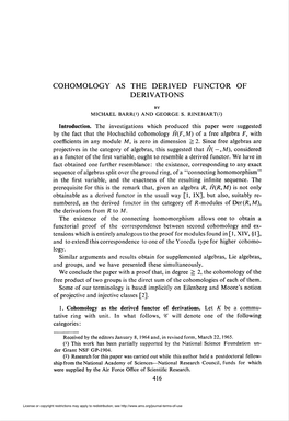 Cohomology As the Derived Functor of Derivations. Let K Be a Commu- Tative Ring with Unit