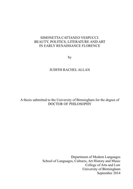 Simonetta Cattaneo Vespucci: Beauty. Politics, Literature and Art in Early Renaissance Florence