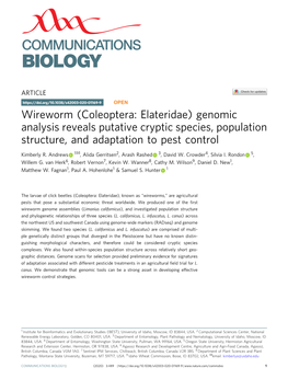 Wireworm (Coleoptera: Elateridae) Genomic Analysis Reveals Putative Cryptic Species, Population Structure, and Adaptation to Pest Control ✉ Kimberly R