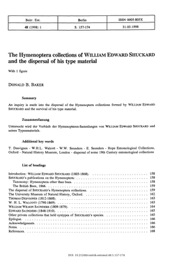 The Hymenoptera Collections of Williamedwardshuckard and the Dispersal of His Type Material