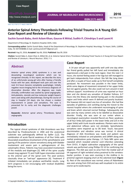 Anterior Spinal Artery Thrombosis Following Trivial Trauma in a Young Girl