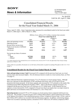 Consolidated Financial Results for the Fiscal Year Ended March 31, 2006