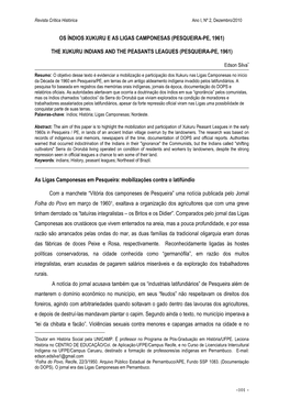 OS ÍNDIOS XUKURU E AS LIGAS CAMPONESAS (PESQUEIRA-PE, 1961) the XUKURU INDIANS and the PEASANTS LEAGUES (PESQUEIRA-PE, 1961) As