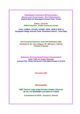 Vayalapadi Limestone Mining Lease-I Summary Environmental Impact