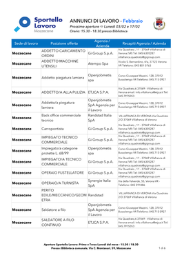 ANNUNCI DI LAVORO - Febbraio Prossime Aperture  Lunedì 03/02 E 17/02 Orario: 15.30 - 18.30 Presso Biblioteca