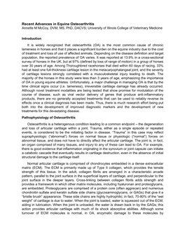 Recent Advances in Equine Osteoarthritis Annette M Mccoy, DVM, MS, Phd, DACVS; University of Illinois College of Veterinary Medicine