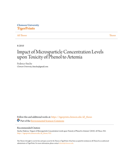 Impact of Microsparticle Concentration Levels Upon Toxicity of Phenol to Artemia Federico Sinche Clemson University, Fsinche@Gmail.Com