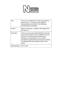 A New Cave Centipede from Croatia, Eupolybothrus Liburnicus Sp
