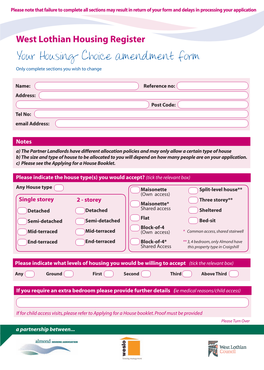 Housing Choice Amendment Form Only Complete Sections You Wish to Change