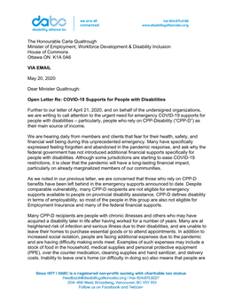 The Honourable Carla Qualtrough Minister of Employment, Workforce Development & Disability Inclusion House of Commons Ottawa on K1A 0A6