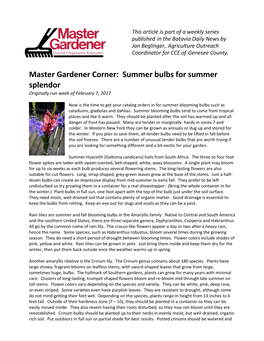 Master Gardener Corner: Summer Bulbs for Summer Splendor Originally Run Week of February 7, 2017