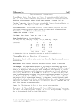 Chlorargyrite Agcl C 2001-2005 Mineral Data Publishing, Version 1