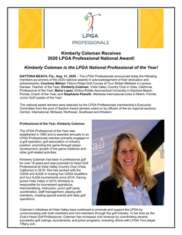 Kimberly Coleman Receives 2020 LPGA Professional National Award! Kimberly Coleman Is the LPGA National Professional of the Year!