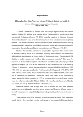 Ponzio Augusto Ponzio Philosophy of the Other Word and Literary Writing in Bakhtin and His Circle an Author's Importance Is Ob