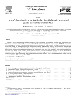 Lack of Obestatin Effects on Food Intake: Should Obestatin Be Renamed Ghrelin-Associated Peptide (GAP)? ⁎ G