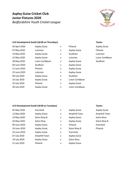 Aspley Guise Cricket Club Junior Fixtures 2020 Bedfordshire Youth