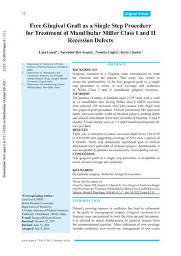 Free Gingival Graft As a Single Step Procedure for Treatment of Mandibular Miller Class I and II Recession Defects