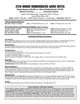 Rubberducks Game Notes 082918