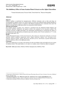 The Inhibitory Effect of Some Iranian Plants Extracts on the Alpha Glucosidase