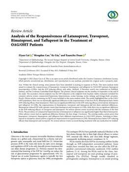 Review Article Analysis of the Responsiveness of Latanoprost, Travoprost, Bimatoprost, and Tafluprost in the Treatment of OAG/OHT Patients