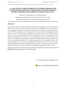 A Case Study on the Outbreak of Paederus Dermatitis Caused by Rove Beetles (Coleoptera: Staphylinidae) in Women´S Hostels of Eastern University, Sri Lanka