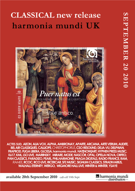 CLASSICAL New Release Harmonia Mundi UK