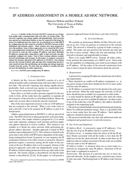 IP ADDRESS ASSIGNMENT in a MOBILE AD HOC NETWORK Mansoor Mohsin and Ravi Prakash the University of Texas at Dallas Richardson, TX