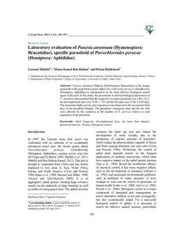 Laboratory Evaluation of Pauesia Antennata (Hymenoptera: Braconidae), Specific Parasitoid of Pterochloroides Persicae (Hemiptera: Aphididae)