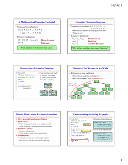 A Mathematical Example: Factorial Example: Fibonnaci Sequence Fibonacci As a Recursive Function Fibonacci: # of Frames Vs. # Of