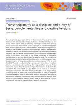 Transdisciplinarity As a Discipline and a Way of Being: Complementarities and Creative Tensions ✉ Cyrille Rigolot 1