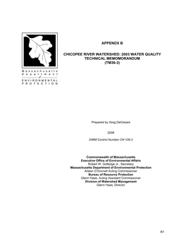 Appendx B Chicopee River Watershed: 2003 Water Quality Technical