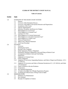 CLERK of the DISTRICT COURT MANUAL Table of Contents Section