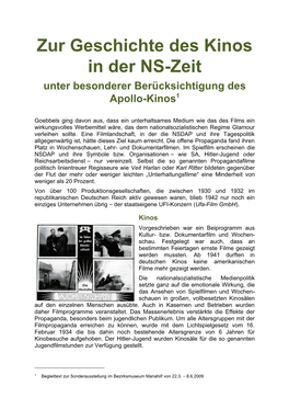 Zur Geschichte Des Kinos in Der NS-Zeit Unter Besonderer Berücksichtigung Des Apollo-Kinos1