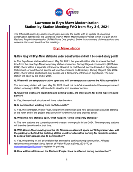 Lawrence to Bryn Mawr Modernization Station-By-Station Meeting FAQ from May 3-6, 2021