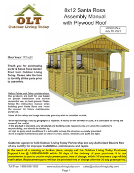 8X12 Santa Rosa Assembly Manual with Plywood Roof Version #2.2 July 19, 2021