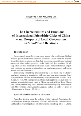 The Characteristics and Functions of International Friendship Cities of China – and Prospects of Local Cooperation in Sino-Poland Relations