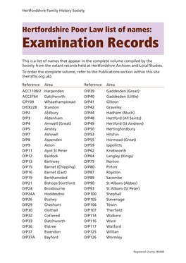 Hertfordshire Poor Law List of Names: Examination Records