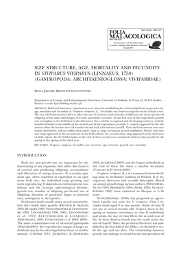 Size Structure, Age, Mortality and Fecundity in Viviparus Viviparus (Linnaeus, 1758) (Gastropoda: Architaenioglossa: Viviparidae)