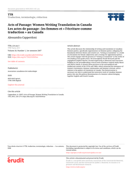 Women Writing Translation in Canada Les Actes De Passage : Les Femmes Et « L’Écriture Comme Traduction » Au Canada Alessandra Capperdoni