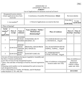 ANNEXURE 5.8 (CHAPTER V, PARA 25) FORM 9 List of Applications for Inclusion Received in Form 6 Designated Location Identity (Whe