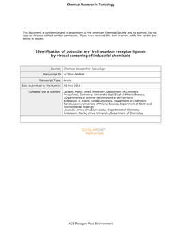 Identification of Potential Aryl Hydrocarbon Receptor Ligands by Virtual Screening of Industrial Chemicals